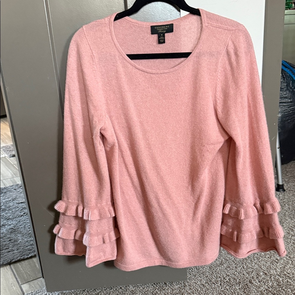 Charter Club Pink Ruffle Sleeve Cashmere Sweater